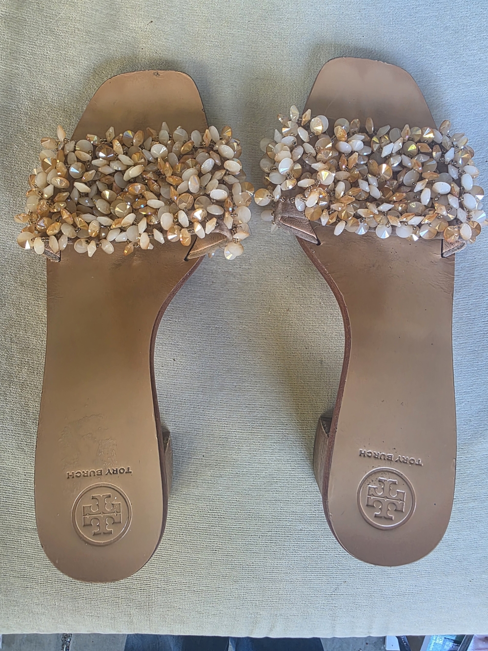Tory Burch Beaded Slide Sandals in Nude and Ivory